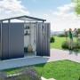 Casetta da giardino in metallo Biohort Panorama, grigio scuro, 4,6 m², con porte aperte in giardino.