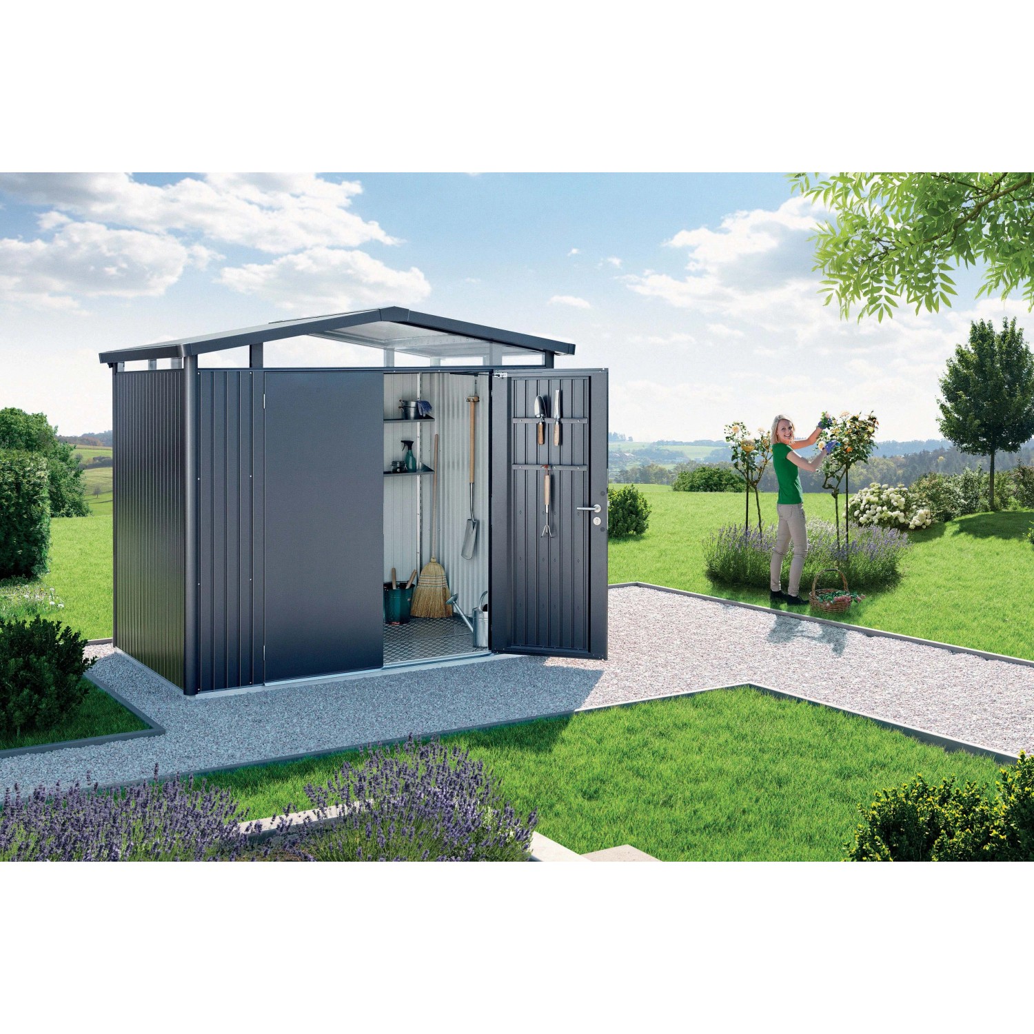 Casetta da giardino in metallo Biohort Panorama, grigio scuro, 4,6 m², con porte aperte in giardino.
