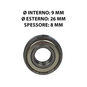 Cuscinetto a sfere in metallo, Ø interno 9 mm, Ø esterno 26 mm, spessore 8 mm.