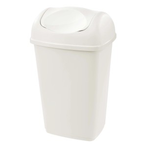 Cestino bianco con coperchio basculante per bagno o cucina.