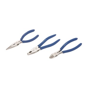 Set pinze LUX Classic, 3 pezzi: pinza combinata, tronchese laterale, pinza a telefono con manici blu.