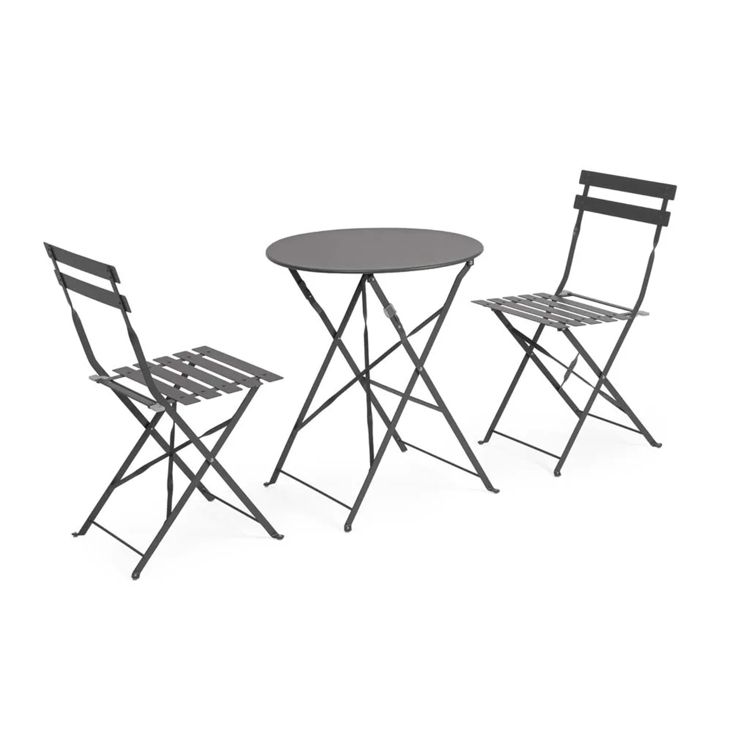 Set di mobili da giardino grigio: tavolo e due sedie, ideale per balcone o patio.