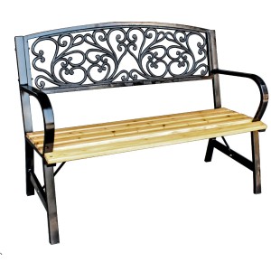 Panchina da giardino t.b.t. con listelli in legno e struttura in metallo. Schienale decorativo.