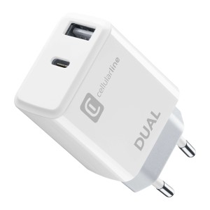Adattatore/caricatore da parete USB doppio t.b.t. bianco con porta USB-A e USB-C.