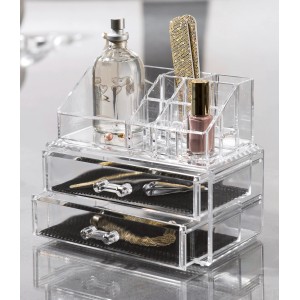 Organizzatore trasparente per mobili da bagno con cassetti e scomparti per cosmetici.