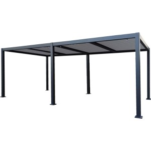 Gazebo moderno t.b.t. grigio con tetto a lamelle per il giardino.