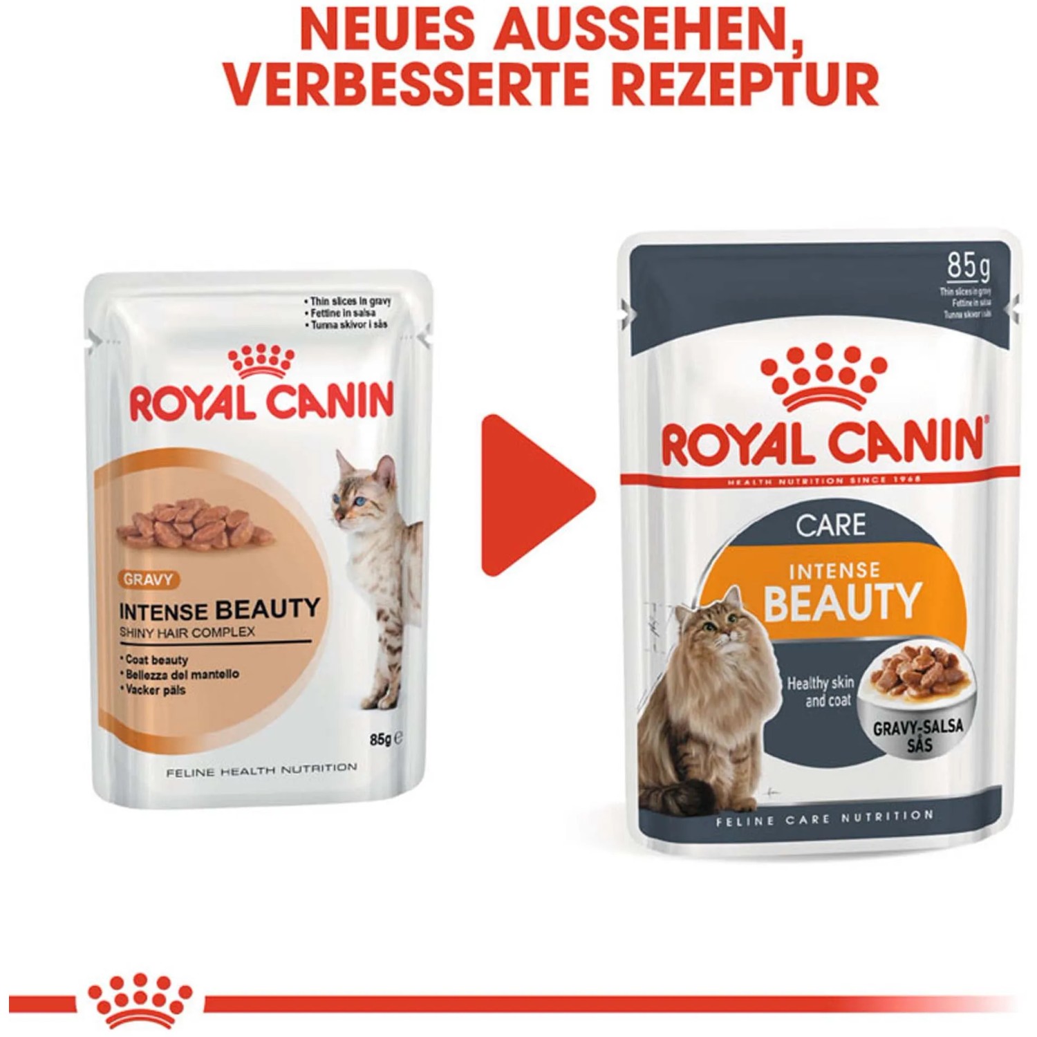 Royal Canin Hair & Skin Care cibo umido per gatti in salsa, busta da 85g per pelo sano.