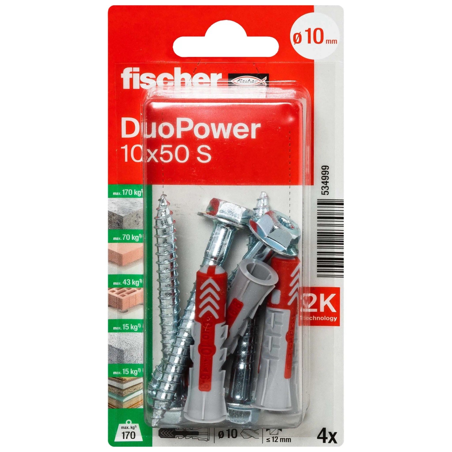 Tasselli Fischer DuoPower 10x50 S, 4 pezzi, per fissaggi sicuri in diversi materiali.