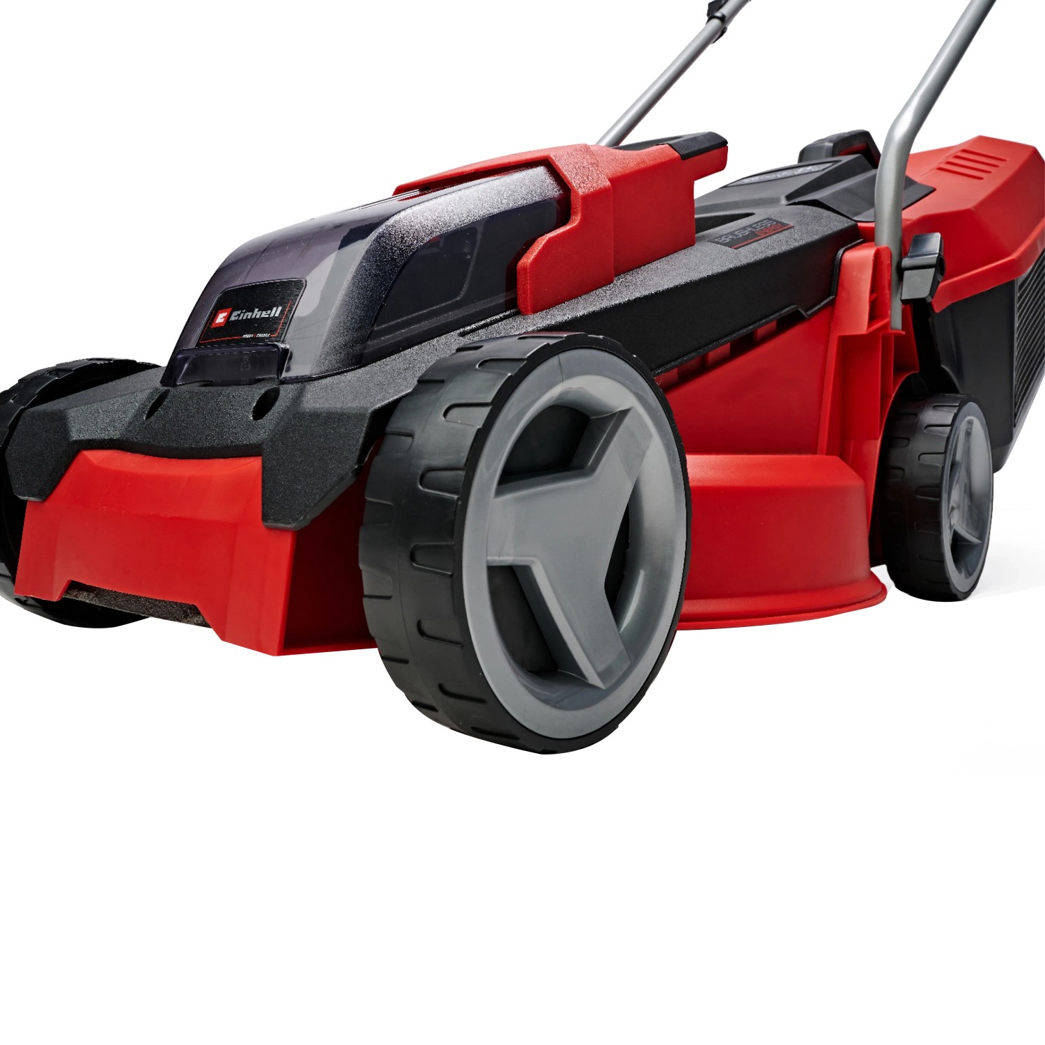 Tagliaerba a batteria Einhell Power X-Change GE-CM 18/30 Li: Rosso e nero con batteria e cesto di raccolta.