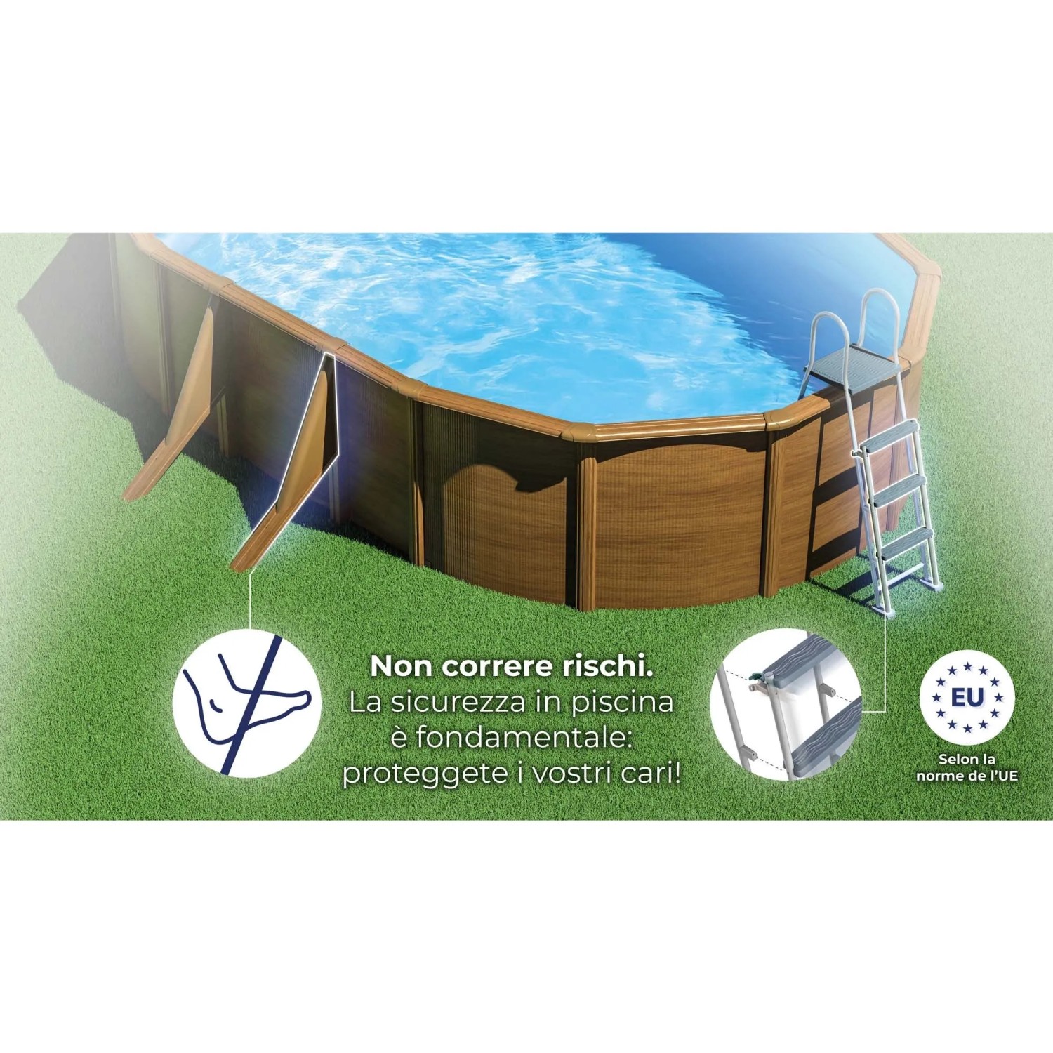 Piscina Gre Pacific ovale fuori terra effetto legno, scala di sicurezza su prato. 500x300x120 cm.
