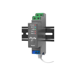 Shelly Pro 2 modulo relè, 2 canali, 25A, grigio, per domotica. Montaggio su guida DIN.