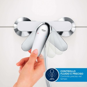 Miscelatore monocomando Grohe: mano che aziona la leva per un controllo fluido e preciso.