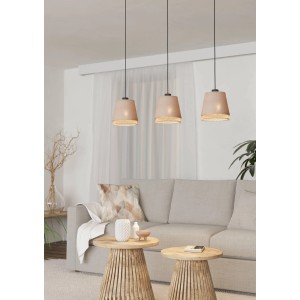 Lampada a sospensione Eglo Tabley, 3 luci, nero/naturale, in acciaio e lino, per soggiorno e sala da pranzo.