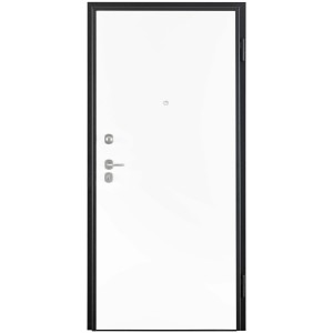 Porta blindata bianca con telaio nero e maniglia argentata.