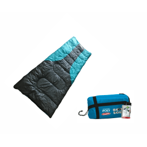 Sacco a pelo t.b.t., aperto e imballato nel sacco blu. Attrezzatura da campeggio.