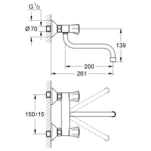 Disegno tecnico: Miscelatore cucina Grohe Costa L per montaggio a parete con dimensioni.