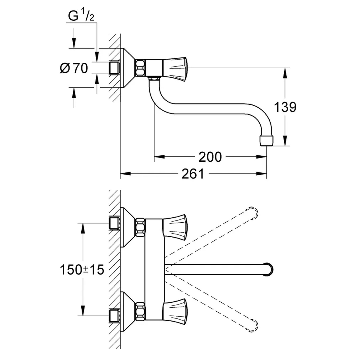 Disegno tecnico: Miscelatore cucina Grohe Costa L per montaggio a parete con dimensioni.