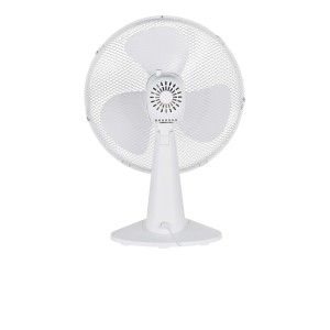Ventilatore da tavolo bianco con griglia di protezione e tre pale del rotore visto da dietro.