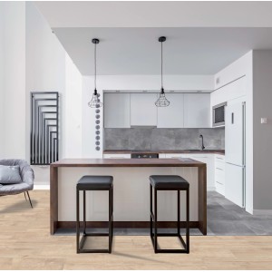 Cucina moderna con piastrella per pavimento in gres porcellanato effetto legno, opaca, 60x20 cm.
