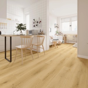 Pavimento in vinile rovere Bergen chiaro con isolamento in sughero in un moderno spazio abitativo.