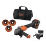Set smerigliatrice angolare a batteria con accessori: dischi abrasivi, caricabatterie e borsa.