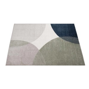 Tappeto moderno con motivo a cerchi in grigio, blu e bianco.