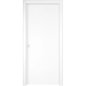 Porta interna bianca con design semplice e maniglia argentata.