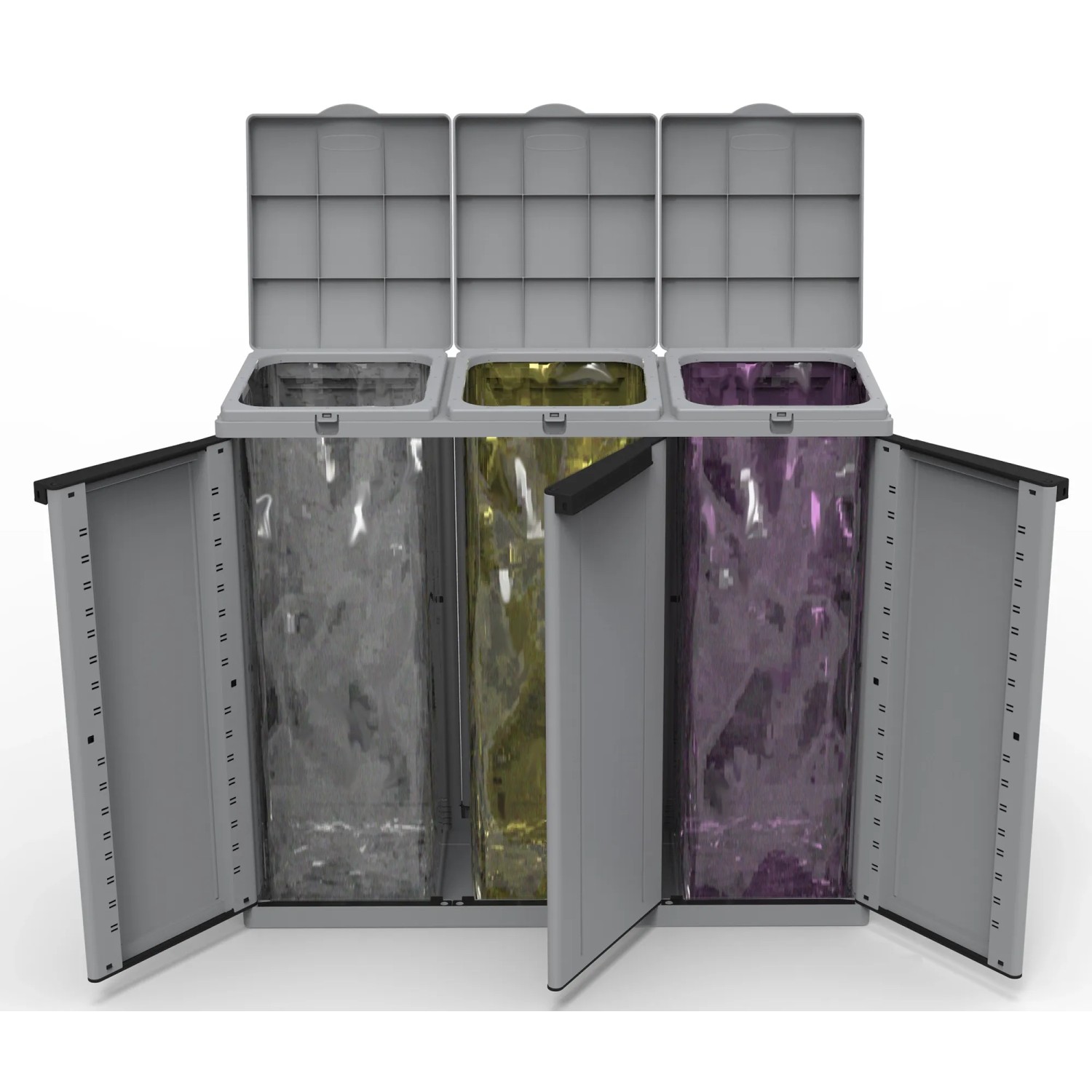 Sistema di raccolta differenziata t.b.t. con tre contenitori grigio, giallo e viola.