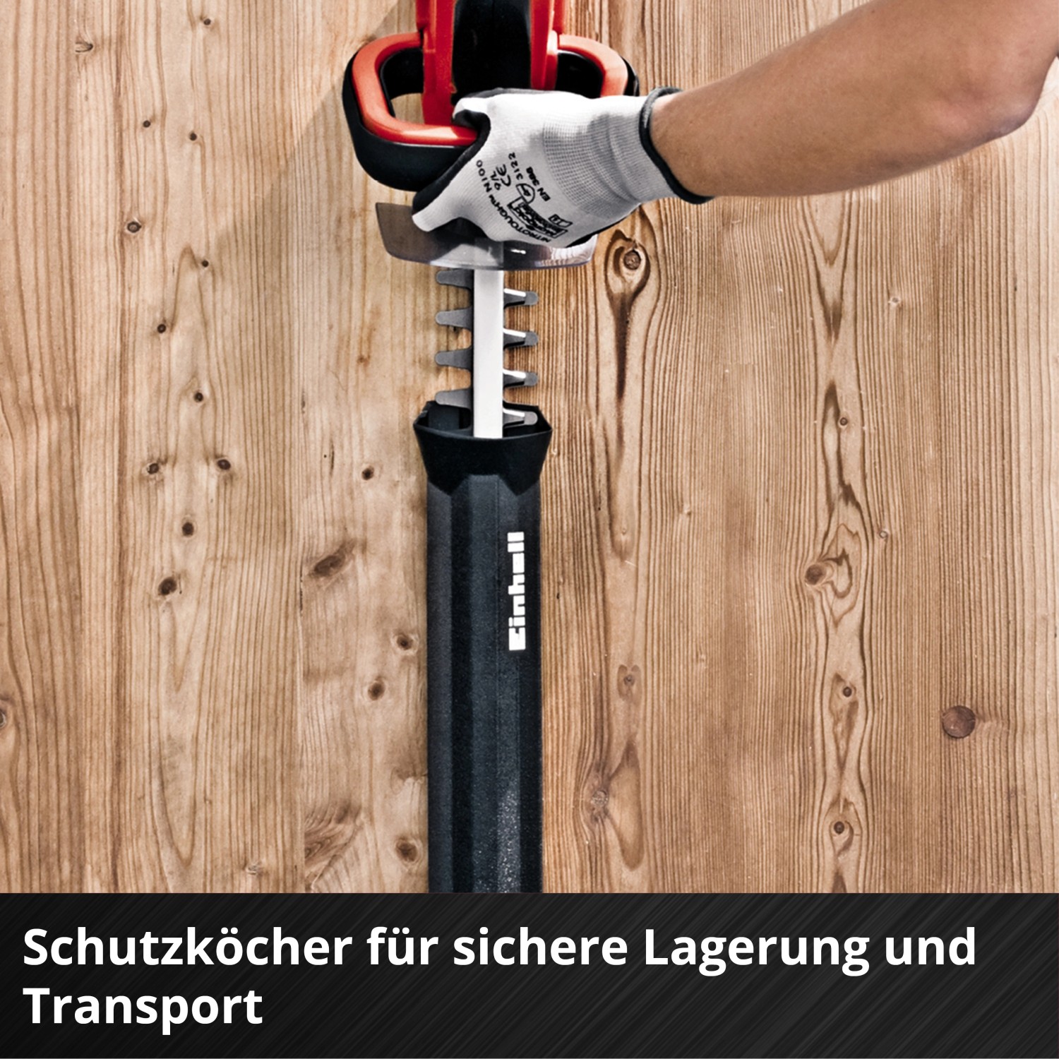 Tagliasiepi a batteria Einhell Power X-Change GC-CH 1855/1 Li Solo con protezione lama per una conservazione sicura.