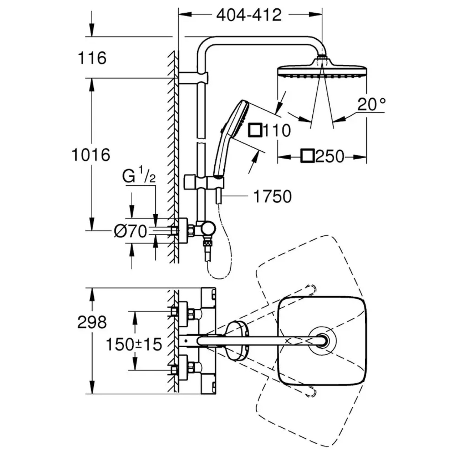 Disegno tecnico di un set soffione doccia con dimensioni.
