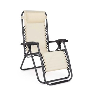 Sedia da giardino beige con poggiatesta e struttura in metallo nero.