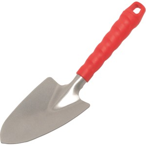 Paletta da fiori in acciaio con manico in plastica rossa e occhiello per giardinaggio.