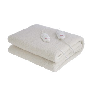 Coperta elettrica beige con due comandi per riscaldatori elettrici.