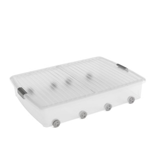 Contenitore trasparente t.b.t. con coperchio e ruote per una facile conservazione.