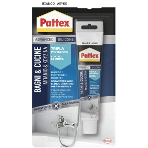 Sigillante siliconico Pattex bianco per sanitari, ideale per bagno e cucina. Protegge dalla muffa.