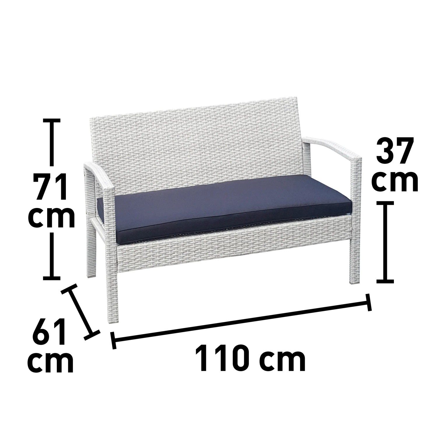 Panca da giardino bianca con cuscino blu, parte di un set di mobili, dimensioni indicate.