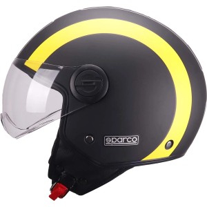 Casco nero t.b.t. con striscia gialla e visiera per accessori auto.