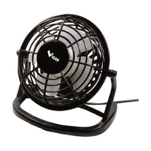 Ventilatore da tavolo nero Vigor con griglia di protezione e base.
