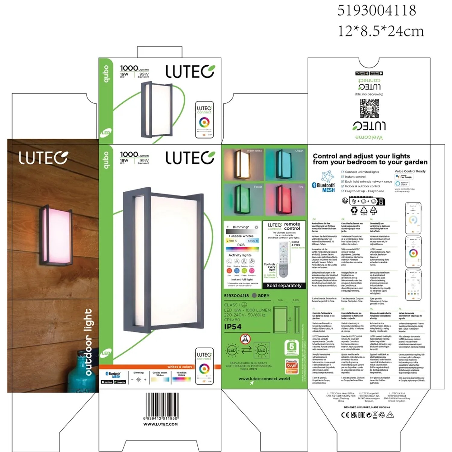 Confezione della lampada da parete per esterni a LED Lutec Qubo, antracite, 1.000 lm, con immagini del prodotto e specifiche tecniche.