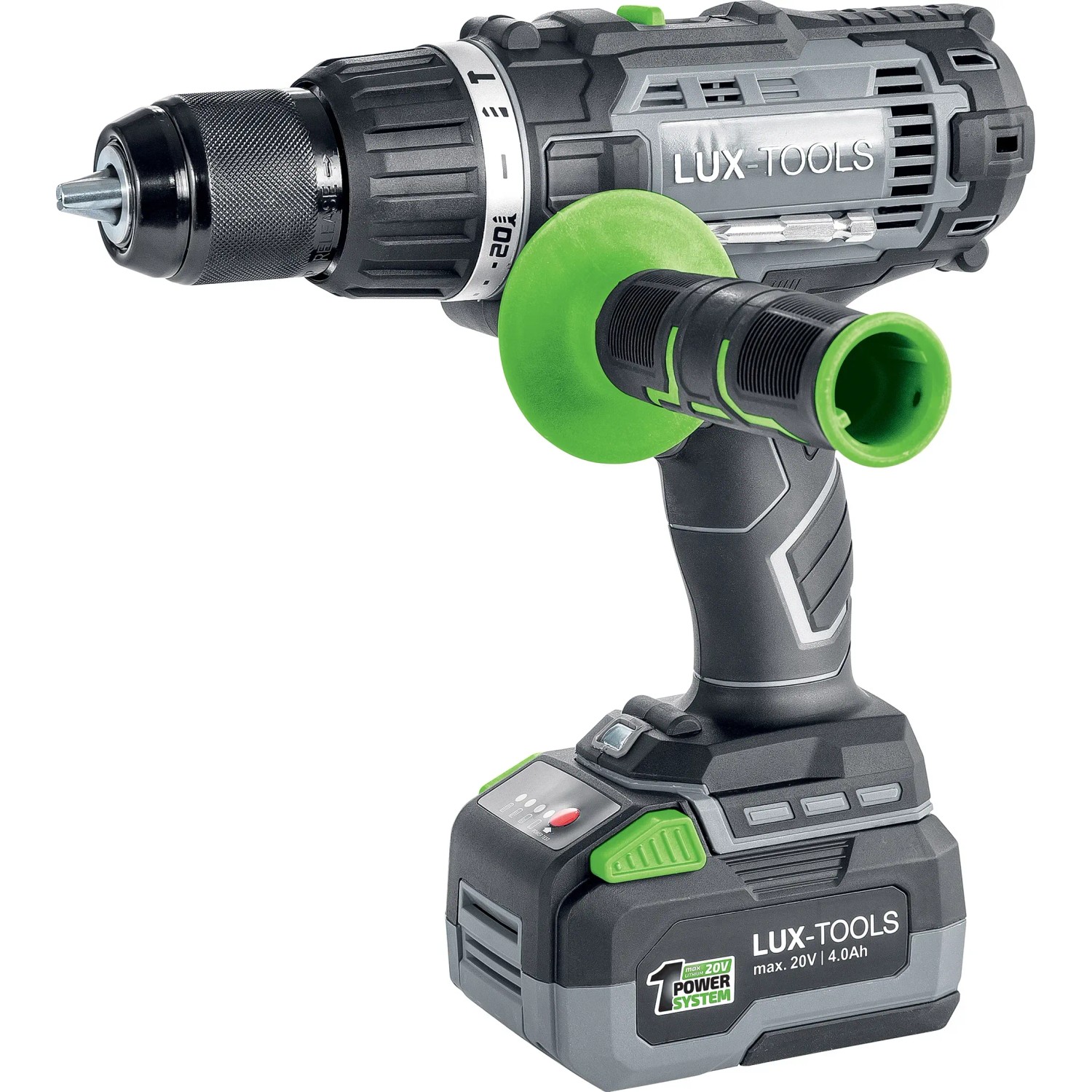 Trapano avvitatore a batteria LUX-TOOLS, grigio/nero con impugnatura verde.