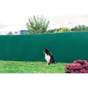 Paravista verde (t.b.t.) in giardino con cane. Arelle, ombreggianti e frangivista.