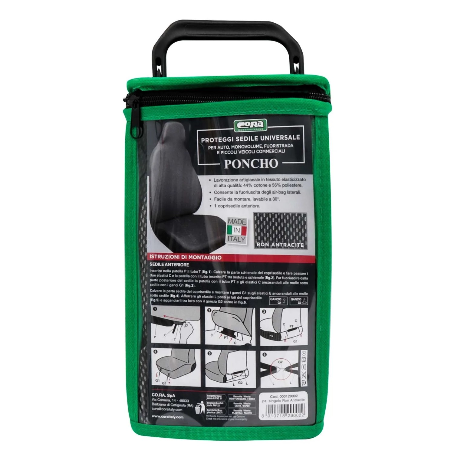 Coprisedile auto t.b.t. confezionato in borsa verde. Accessorio interni auto.
