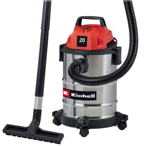 Aspirapolvere Einhell per liquidi e solidi, contenitore da 20 litri, aspirapolvere rosso-argento con accessori.