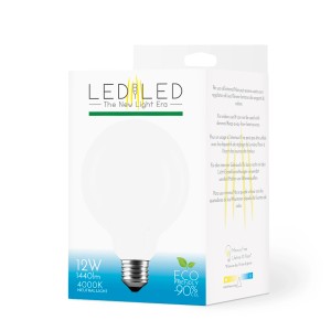 Lampadina LED E27 nella confezione: 12W, 1440lm, 4000K luce neutra, forma a globo.