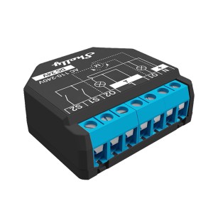 Shelly Modulo Relè Plus 2PM Nero per domotica con 2 canali e connettori blu.