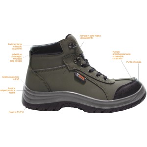 Scarpa da lavoro t.b.t. verde oliva con suola nera e punta rinforzata.