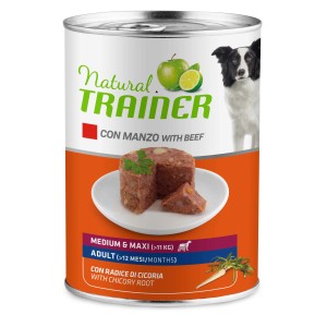 Natural Trainer cibo umido per cani con manzo e radice di cicoria per taglie medie e grandi.