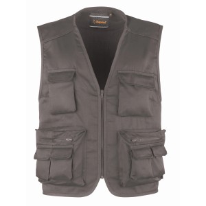 Gilet da lavoro grigio con molte tasche per attrezzi e accessori.