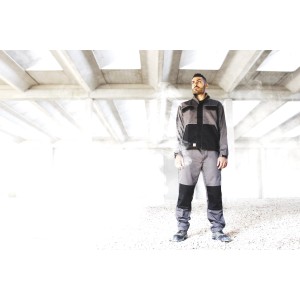 Abbigliamento da lavoro t.b.t. grigio: giacca e pantaloni con dettagli neri.