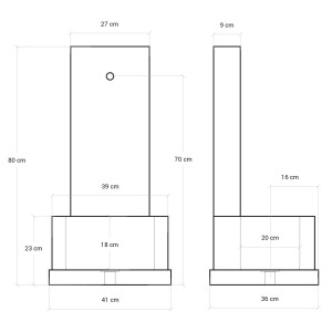 Disegno tecnico di una fontana da giardino con dimensioni.